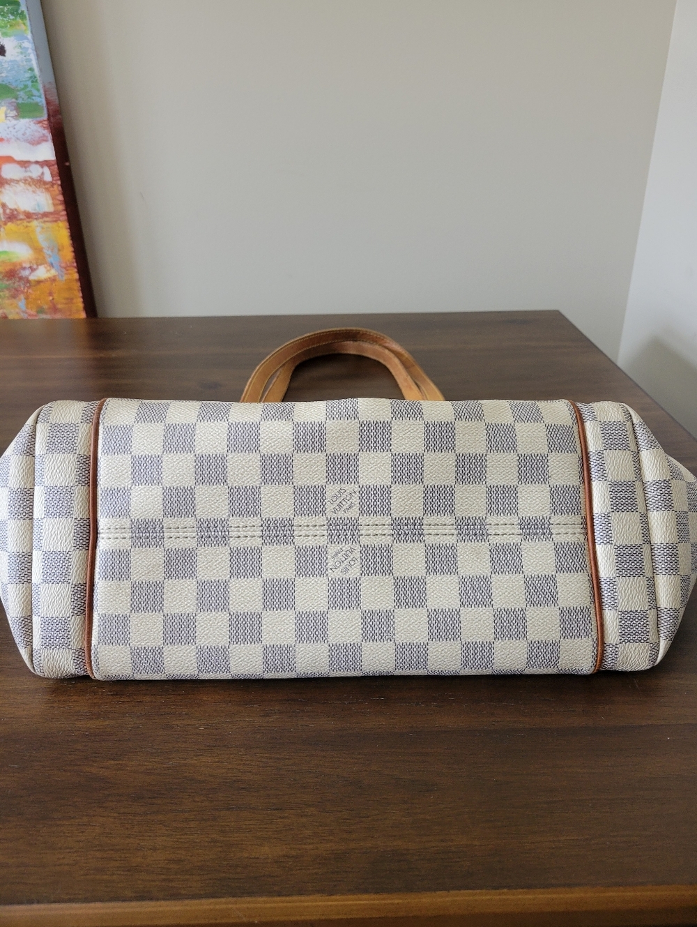 Louis Vuitton Gray & White Checkered Canvas Tote with Tan Leather Trim - Picture 12 of 15